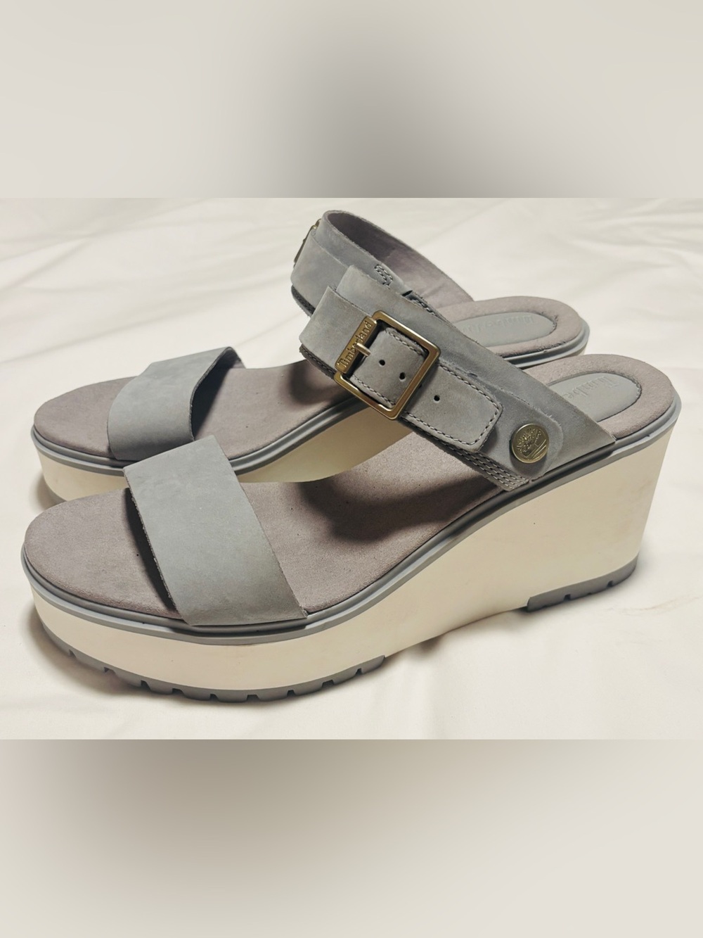 Timberland Grey Nubuck Leather Wedge Sandals Platform Strap Women’s Size 11